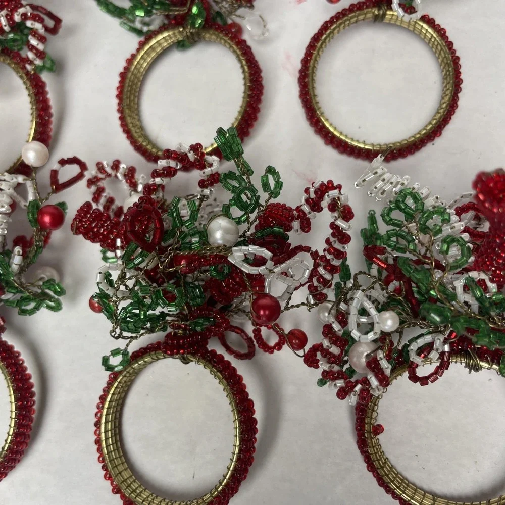 Beaded Holiday Christmas Napkin Ring Holders Set Of 6
